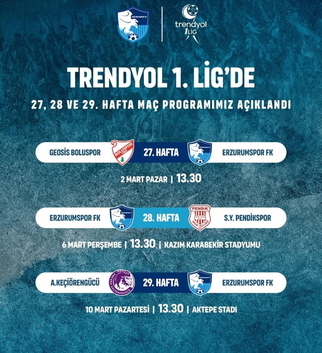 ERZURUMSPOR’UN  YENİ MAÇ PROGRAMI